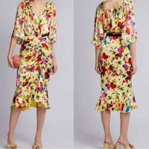 Saloni Devore Olivia B Midi Dress in Lemon Poppies Silk Size 0 Yellow Floral